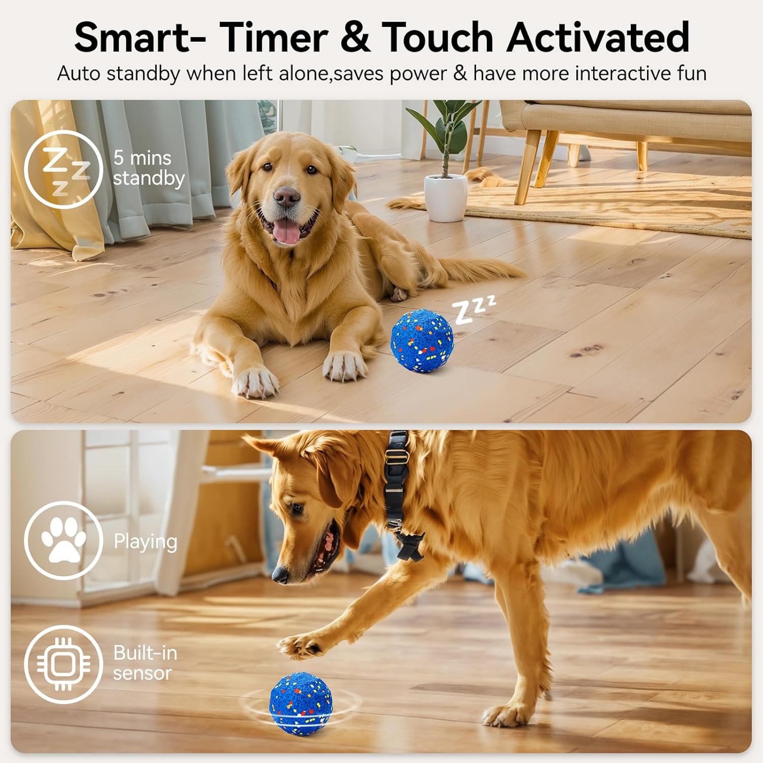 Smart interactive dog ball with automatic bounce and roll modes