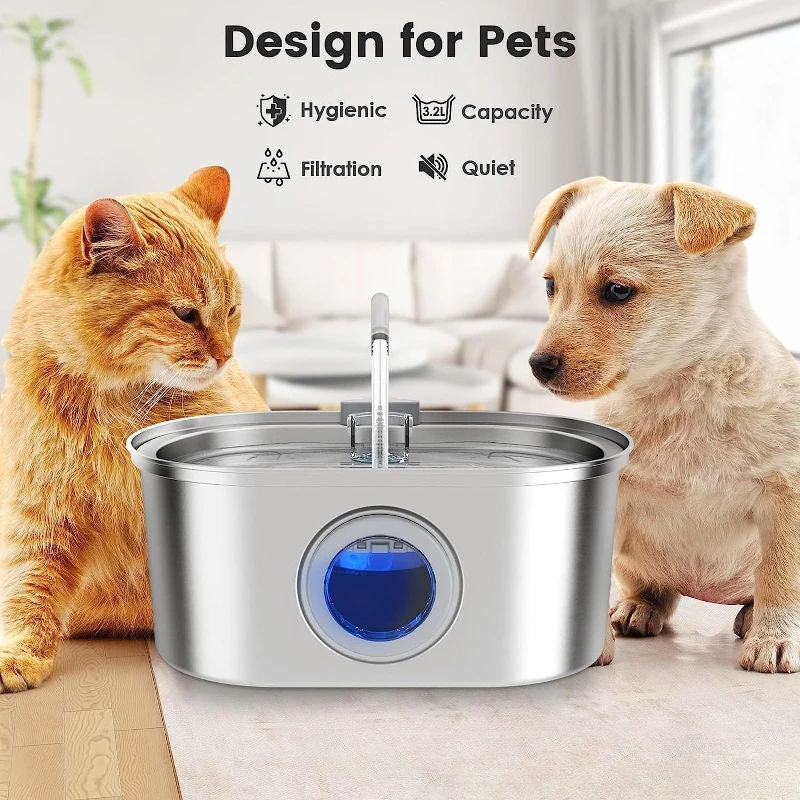 3.2L Stainless Steel Pet Water Fountain – Automatic Quiet Circulation Dispenser with Dual Filtration for Cats & Dogs
