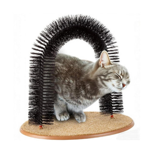Self-grooming cat arch with massage brush