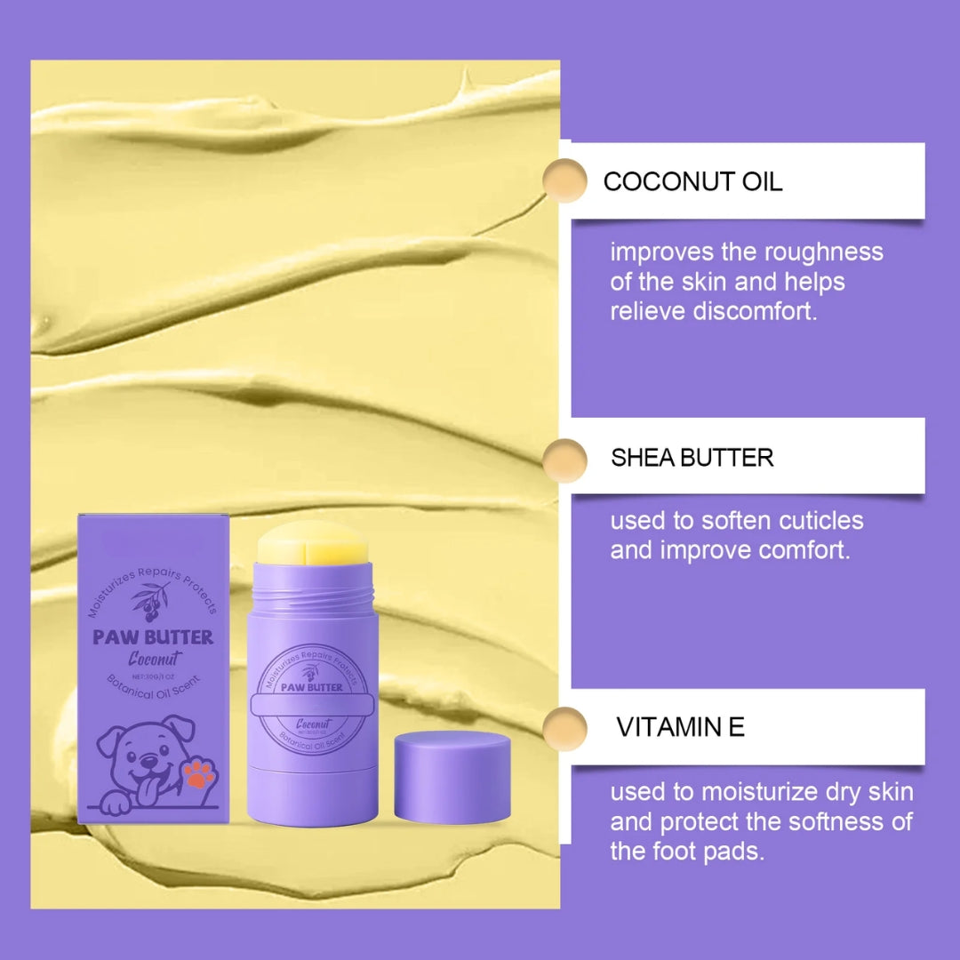 Purple stick of paw butter with coconut oil, shea butter, and vitamin E benefits 