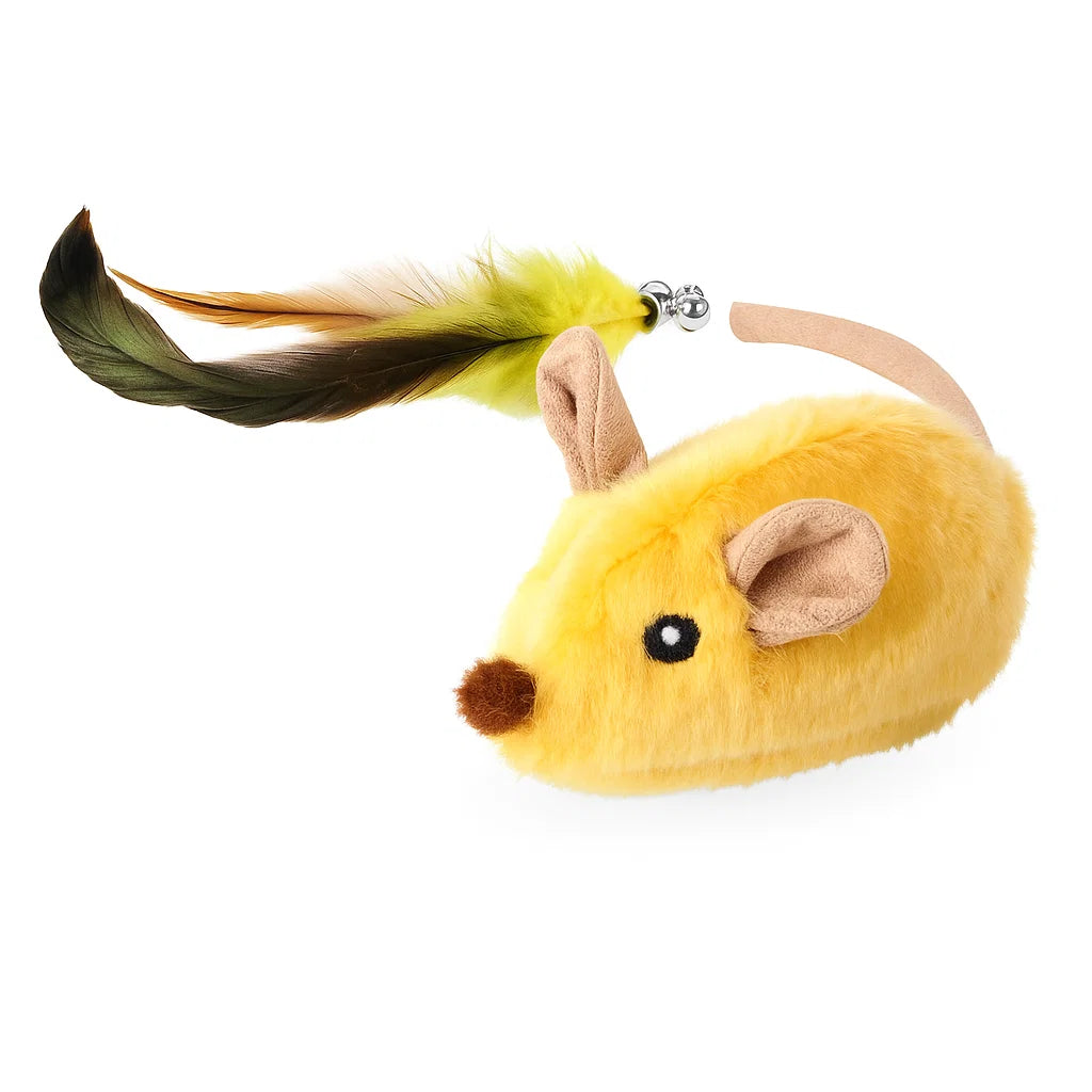 Yellow plush mouse toy with a feather