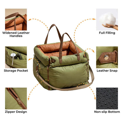 Luxury Faux Leather Pet Car Seat – Travel Booster Bed for Dogs & Cats, Portable Pet Carrier & Car Bed with Safety Leash