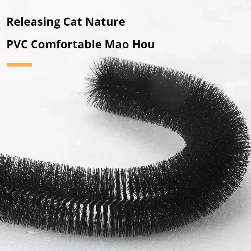 

Carpeted cat toy base with self-grooming brush