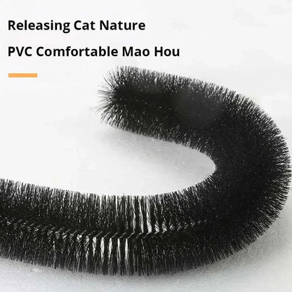 

Carpeted cat toy base with self-grooming brush