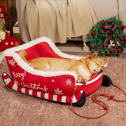 Christmas Sleigh Pet Bed – Soft Washable Plush Sofa with Non-Slip Base for Dogs & Cats