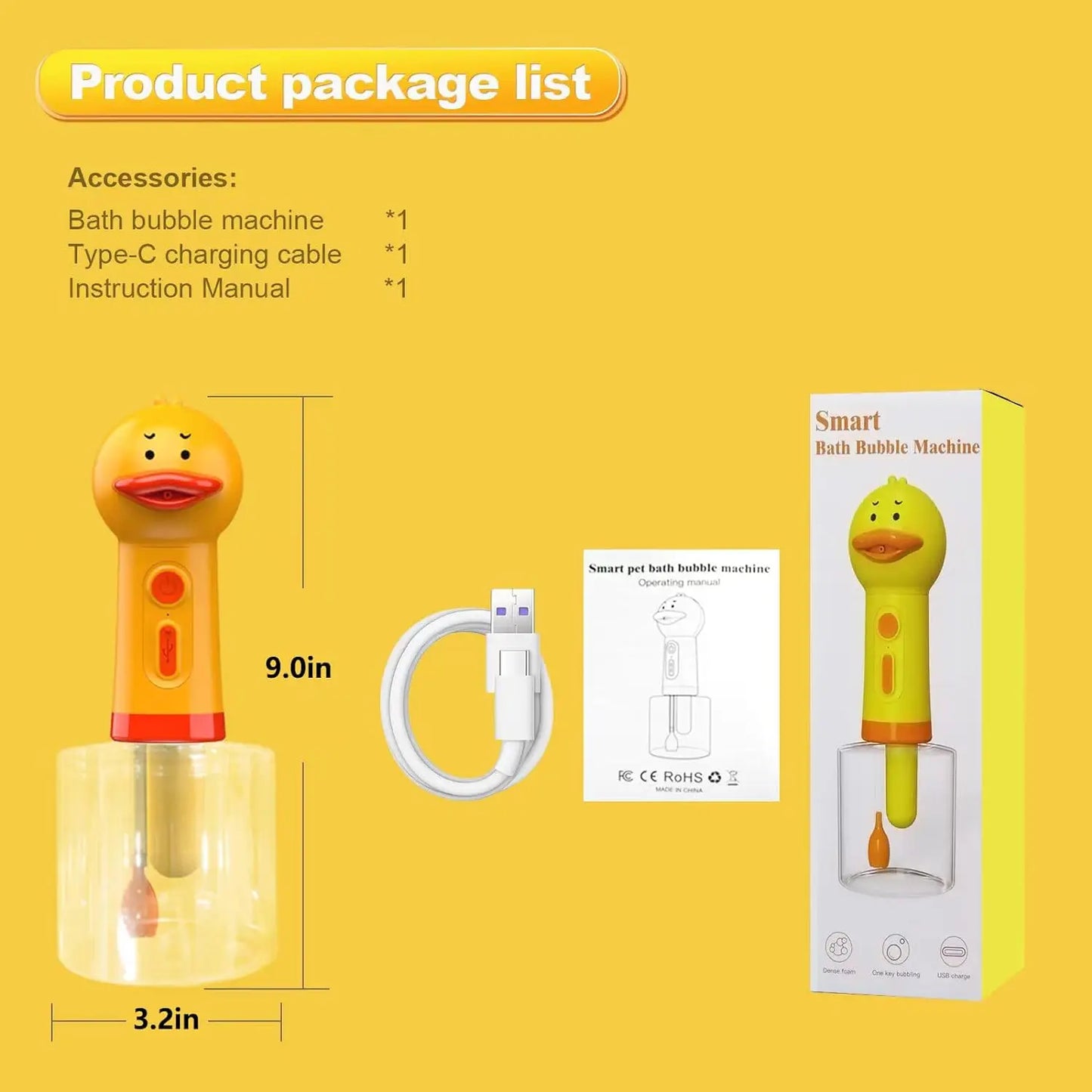 Yellow Duck Pet Bathing Electric Foam Machine – USB Rechargeable Automatic Soap Dispenser for Dogs & Cats