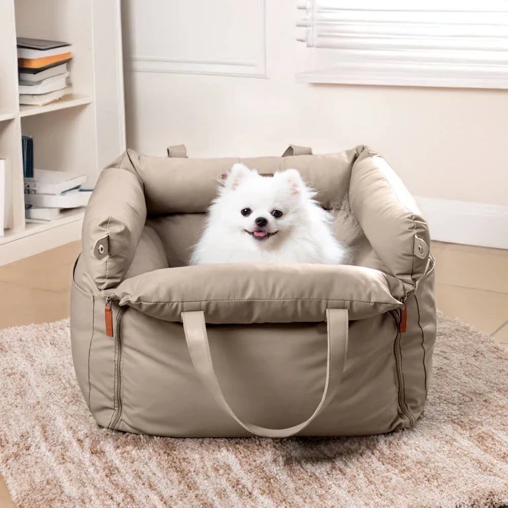 Luxury Faux Leather Pet Car Seat – Travel Booster Bed for Dogs & Cats, Portable Pet Carrier & Car Bed with Safety Leash