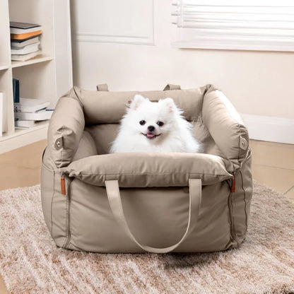 Luxury Faux Leather Pet Car Seat – Travel Booster Bed for Dogs & Cats, Portable Pet Carrier & Car Bed with Safety Leash