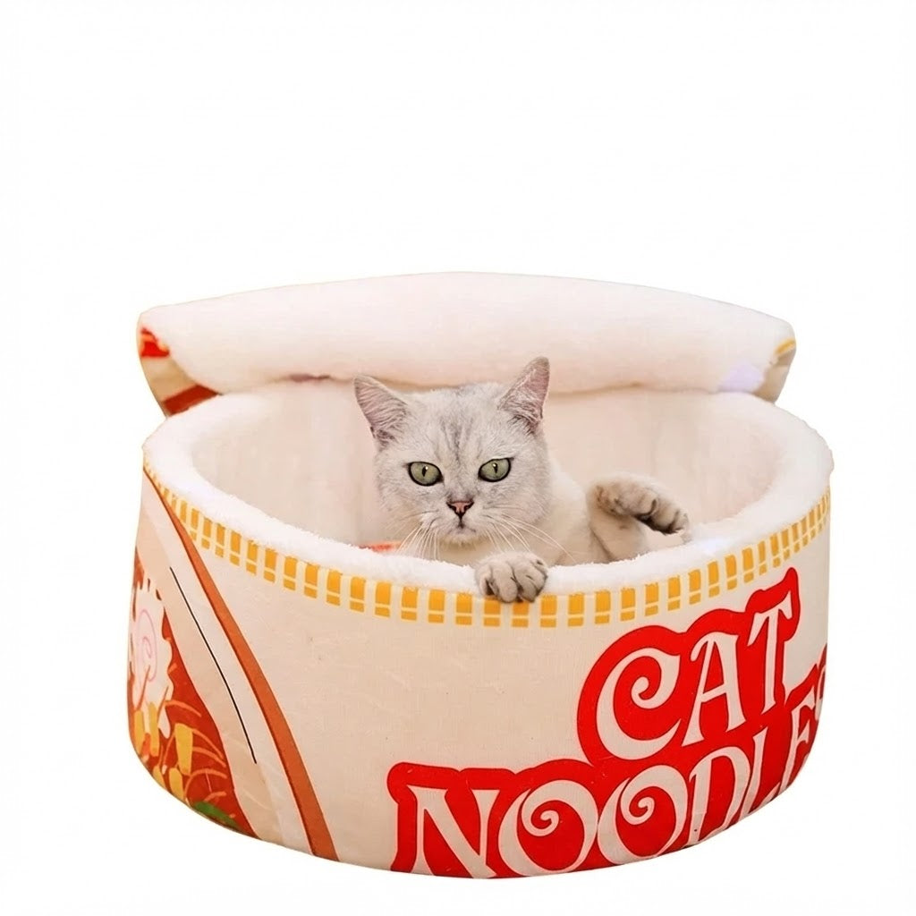 Plush ramen cat bed with semi enclosed nest design